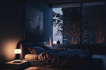 Bedroom dark room interior. Neon light, large bed, plants. Modern evening bedroom interior. AI