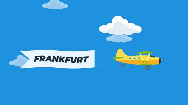 Aircrafts in sky with franfurkt text banners cartoon animation. plane flying with advertising ribbons.