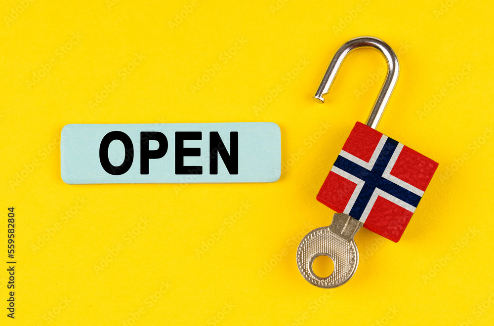 Poster On the yellow surface is an open lock with a key and a sticker with the inscription - open