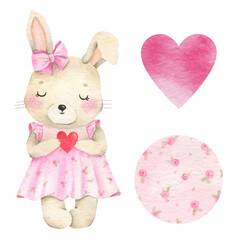 Watercolor cute illustration - a bunny in a pink floral dress holding a heart. A rabbit with a pink bow. Adorable baby girl illustraion for postcards.