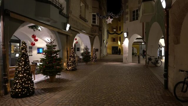 Bressanone Christmas market in the evening. Trentino Alto Adige, northern Italy. 