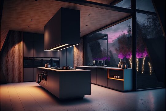 Dark kitchen interior. Neon light, big window, plants. Modern evening kitchen interior. AI