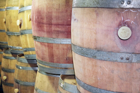 Wine barrels in the basement of Latrun Trappist Monastery also known as the Monastery of Silent Monks, located between Jerusalem to Tel Aviv near Israeli city of Modiin, Israel
