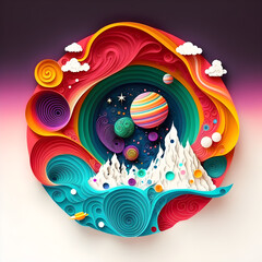 Space Planet Papercut Circle Illustration. Paper Origami. Generative AI 