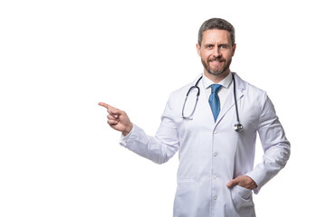 happy doctor with stethoscope. doctor isolated on white. medical doctor point finger on background
