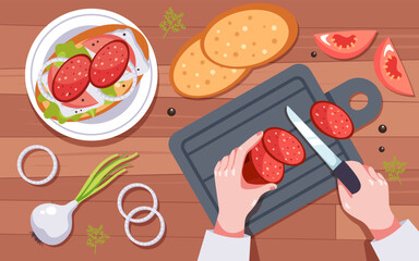 Chef character cooking preparing chopping food on table top view. Hand holding knife and cutting chopping vegetables and meat with slice concept. Vector graphic design illustration
