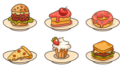  Fast food burger hamburger pizza hot dog snack on plate concept set. Line art outline style. Vector graphic design illustration