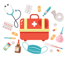 First aid kit medical emergency bag with medicine tools. Doctors medication for treatment healthcare concept set. Vector graphic design illustration