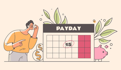 Payday loan time calendar concept. Online payments by money credit cards smartphone online payments. Huge calendar and smartphone and tiny people. Vector graphic design illustration
 - obrazy, fototapety, plakaty