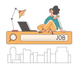 Search work job bar with people characters. Online internet browsing users searching and looking available vacancy concept. Recruitment service networking. Vector graphic design illustration
