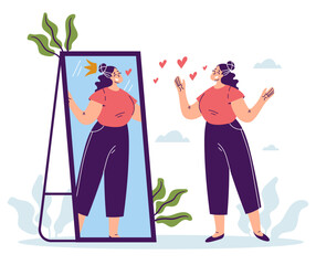 Self love confidence people looking at mirror. Self motivation and development concept. Vector graphic design illustration