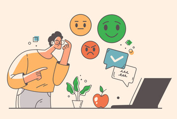 Sentiment analysis test emotions by artificial intelligence technologies concept. Speech bubbles with emoji face. Vector graphic design illustration - obrazy, fototapety, plakaty