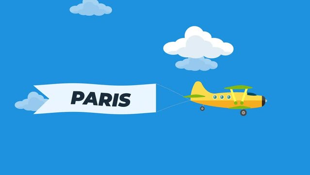 Aircrafts in sky with paris text banners cartoon animation. plane flying with advertising ribbons.
