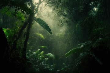Dark tropical forest in the rain, large exotic plants in the forest. Green background. AI