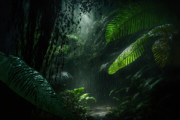 Dark tropical forest in the rain, large exotic plants in the forest. Green background. AI - obrazy, fototapety, plakaty