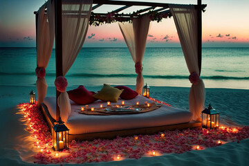 Naklejka premium Cozy wooden bed on the seashore decorated with greetings and candles. Romantic evening by the sea. Beautiful sunset. AI