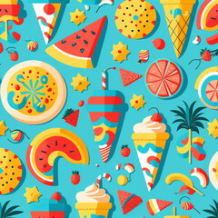 Pattern with Food and Light Blue Background