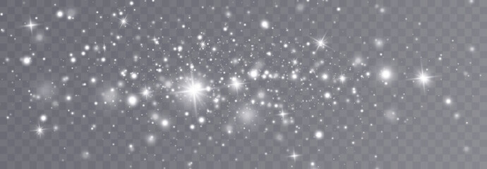 Particles of white magic dust. Shining light particles.Christmas glitter particles. Light effect on a transparent background