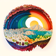 Mountain Planet Papercut Sunset. Generative AI Illustration. Paper Origami. - obrazy, fototapety, plakaty