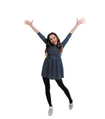 Funny attractive woman on isolated white background. Portrait of happy cheerful lady smilling.