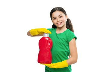 smiling girl cleaner with detergent on background. photo of girl cleaner with detergent.