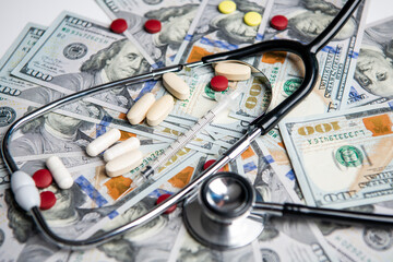 medicine finance expenses concept. money for medicine finance in closeup and selective focus.