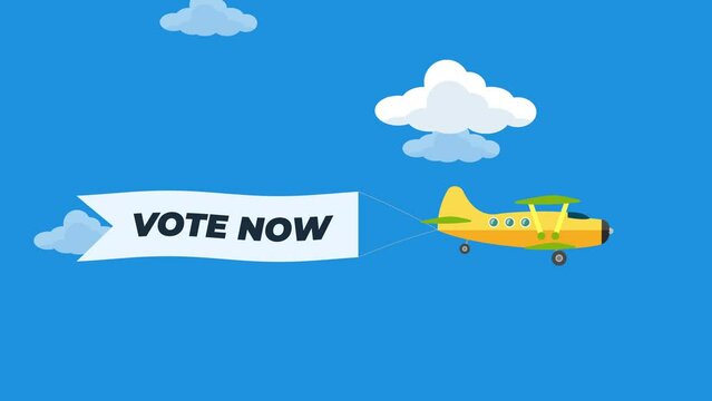 Aircrafts in sky with vote now text banners cartoon animation. plane flying with advertising ribbons.