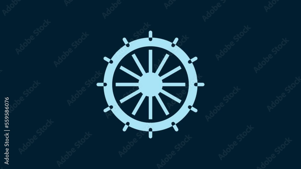 Poster white ship steering wheel icon isolated on blue background. 4k video motion graphic animation