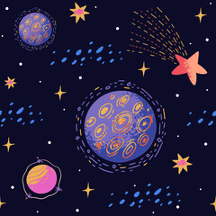 Colorful hand-drawn space pattern with  pink and purple planets and stars