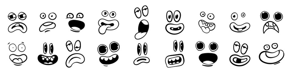 Funny emotions set. Cartoon face expression. Line art. Vector hand-drawn illustration isolated on white background.