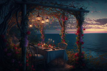 Romantic evening in the gazebo by the sea. Evening sunset, lanterns, flowers and candles. Romantic vacation by the sea. Night seascape, rest. AI