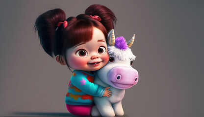 cute little baby toddler hugging unicorn teddy bear stuffed toy laughing in joy with copy space area