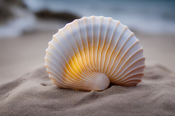 a large beautiful exotic seashell lies on the sand on an exotic beach, generative AI - obrazy, fototapety, plakaty
