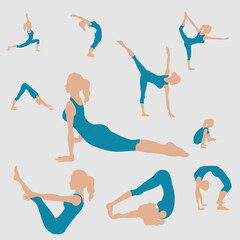 Fototapeta premium Silhouette of a young woman performing sports exercises. Vector set of yoga exercises.