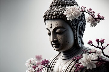 Portrait of Buddha with Cherry Blossoms. Designed using generative ai - obrazy, fototapety, plakaty