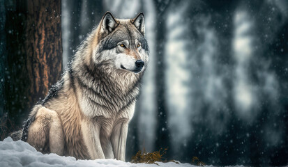 grey wolf setting on snow in the woods at winter with copyspace