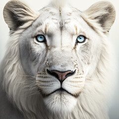 Close up portrait of white lion with blue eyes. Designed using generative ai