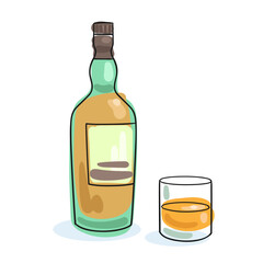 Whiskey bottle and glass. Picture in line style. Black contour with colored spots. Isolated on white background. Vector flat illustration.