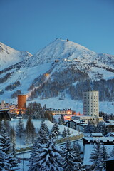 Overview of the snow-covered alpine village of Sestriere, which was the site of the Winter Olympics...