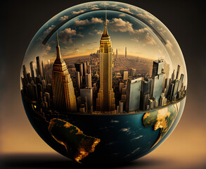 Null Sphère architecturale telle une orbe cartographique ou un globe terrestre structurel montrant des monuments touristiques importants de l'architecture de new York aux USA et de Manhattan. - obrazy, fototapety, plakaty