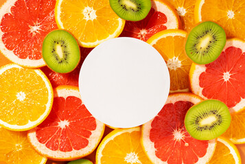 Mockup circle white podium on citrus slices. Natural cosmetics product presentation backdrop.