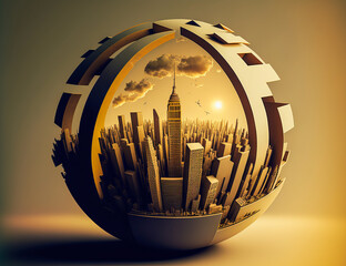 Detailed structural architecture sphere featuring major NYC and Manhattan landmarks, evoking a map-like or globe-like design. Perfect for graphic use and creating an emotional atmosphere. - obrazy, fototapety, plakaty