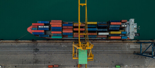 Container ship in industrial port in import, export trade logistic and international transportation...
