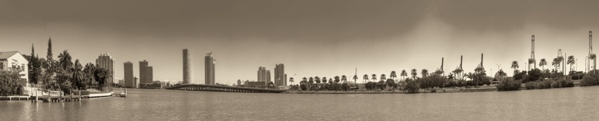 Miami Beach, FL - February 2016: Panoramic view of Miami Port and Miami Beach skyline