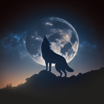 Wolf howling at full moon. Generative AI.