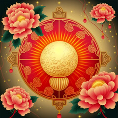 Obraz premium Chinese New Year Vector Background, Red Gold Flowers Lantern - Generative AI