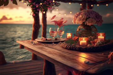 Obraz na płótnie Canvas Romantic evening by the sea. Evening sunset, festive wooden table setting, lanterns, flowers and candles. Night seascape, rest. AI
