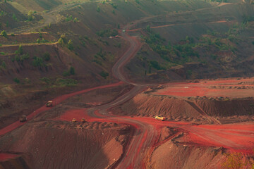 Iron ore quarry landscape with transport