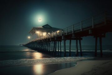 Sea night landscape with wooden pier, big moon. AI