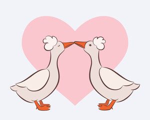 Happy Valentines Day card with two kissing birds, vector illustration of ducks pair in love, st valentine greeting card with birds couple